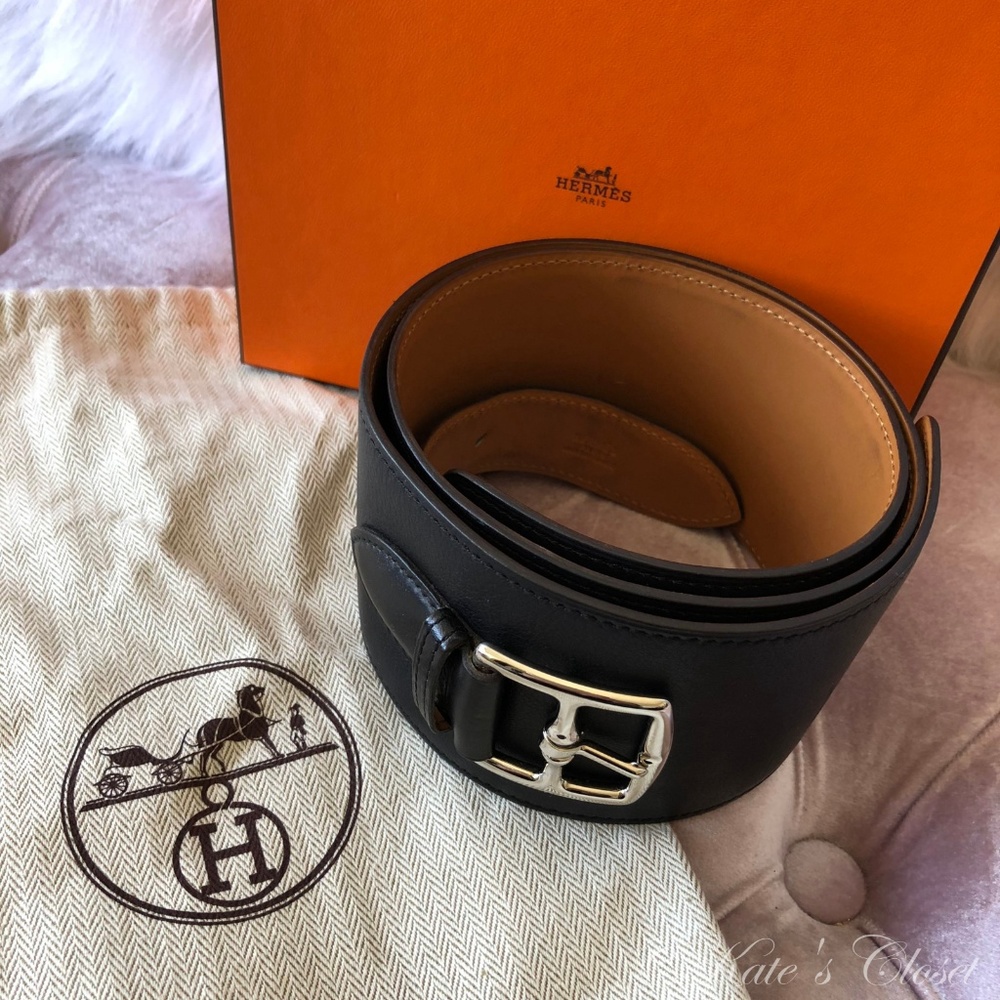 SOLD!! HERMES Black Belt With Silver Buckle